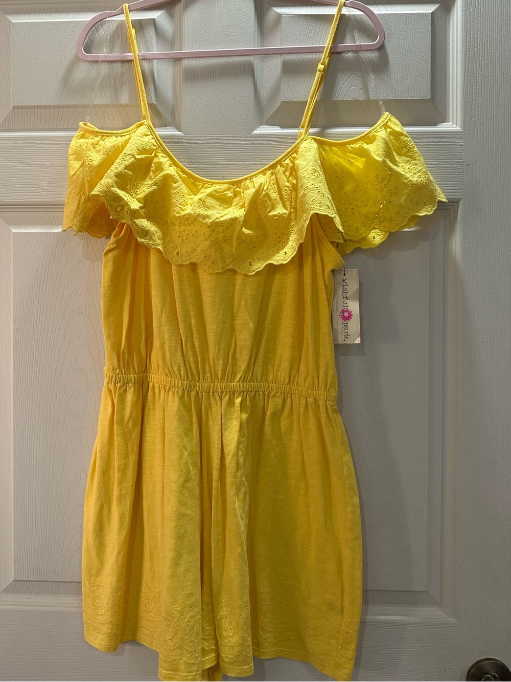 Wishful Park Bright Yellow Eyelet Off-Shoulder Romper